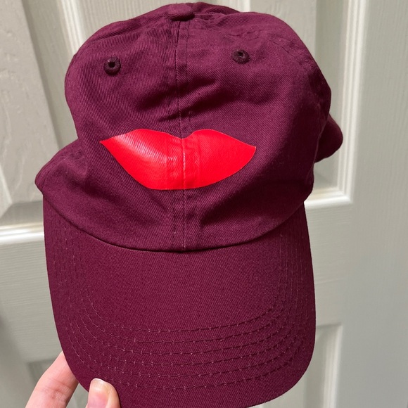 Clare V. Burgundy (Oxblood) Baseball Cap with Red Lips Design - OS - Picture 1 of 7